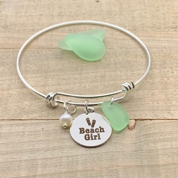 Artisan Jewelry - Sea Glass And Pearl Beach Girl Charm Bracelet| Authentic Seaglass Beach Gift
